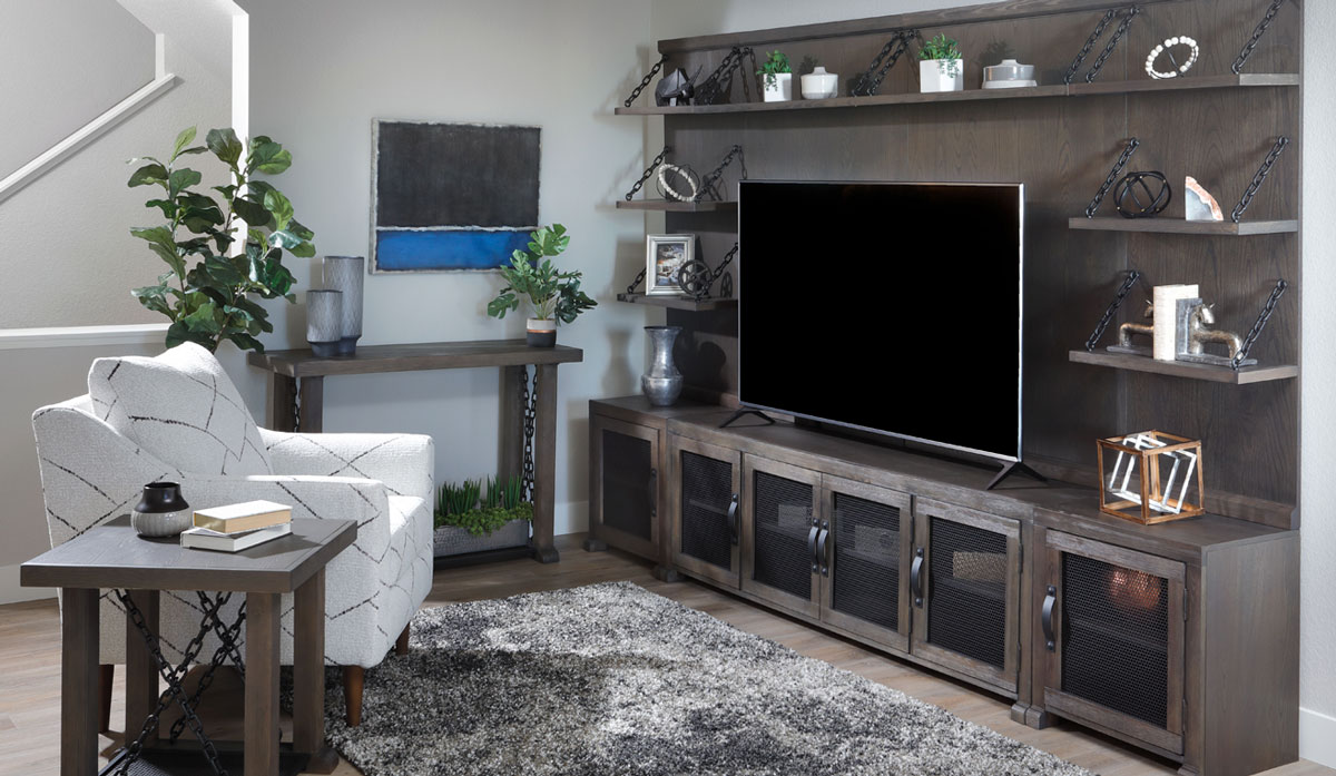 Open Shelf Gray Brown Entertainment Center with matching sofa table and side table
