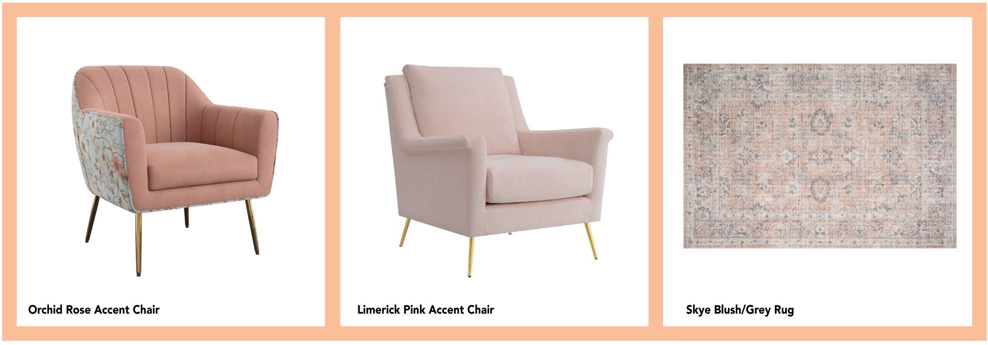 Orchid Rose Accent Chair, Limerick Pink accent chair, Skye Blush Grey Rug