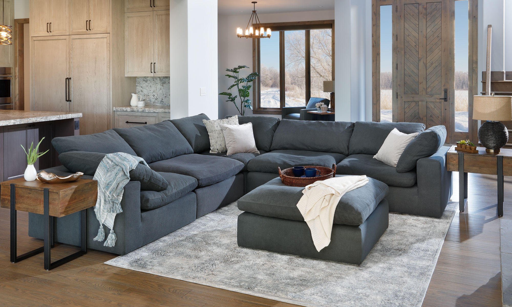 Luscious Sectional. Dark Gray Fabric Sectional with Track Arms.