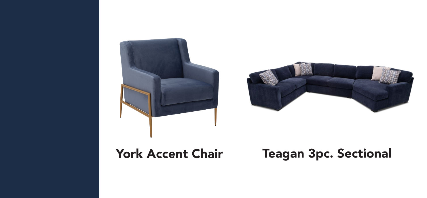 Blue Color Collage of Furniture Row Products. York Accent chair. Teagan 3pc. Sectional.