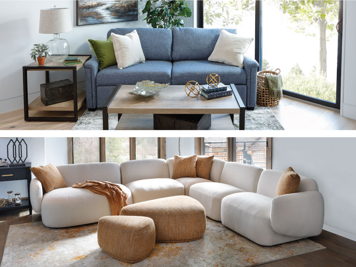 Modern versus Contemporary. Blue Contemporary sofa vs white curved modern sectional.