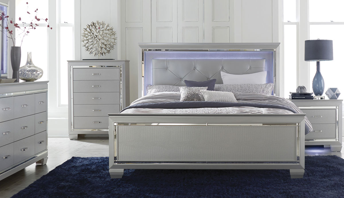 White and Silver modern glam bedroom set with mirrored trim and blue backlit headboard