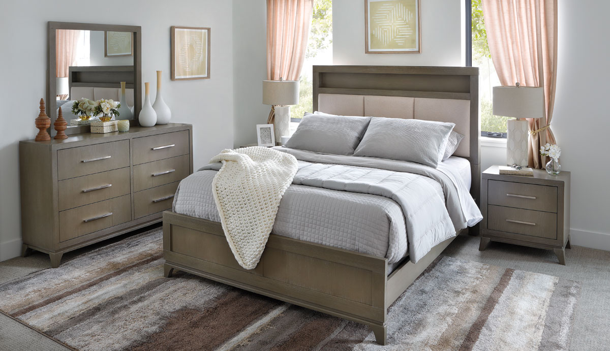 Light cool-toned brown bedframe with upholstered headboard
