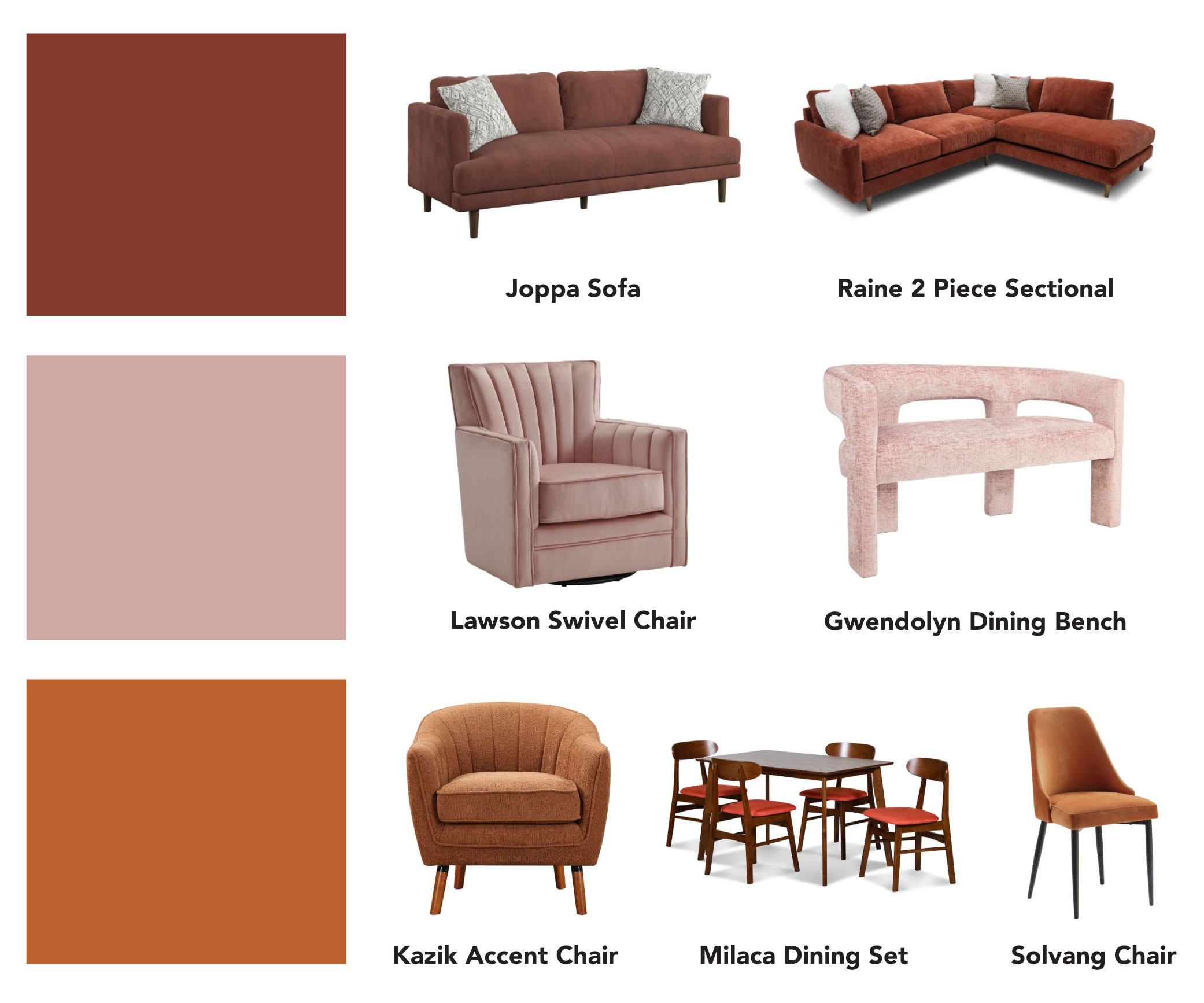 Collage of Furniture Row Products that are Blush and Orange Colored