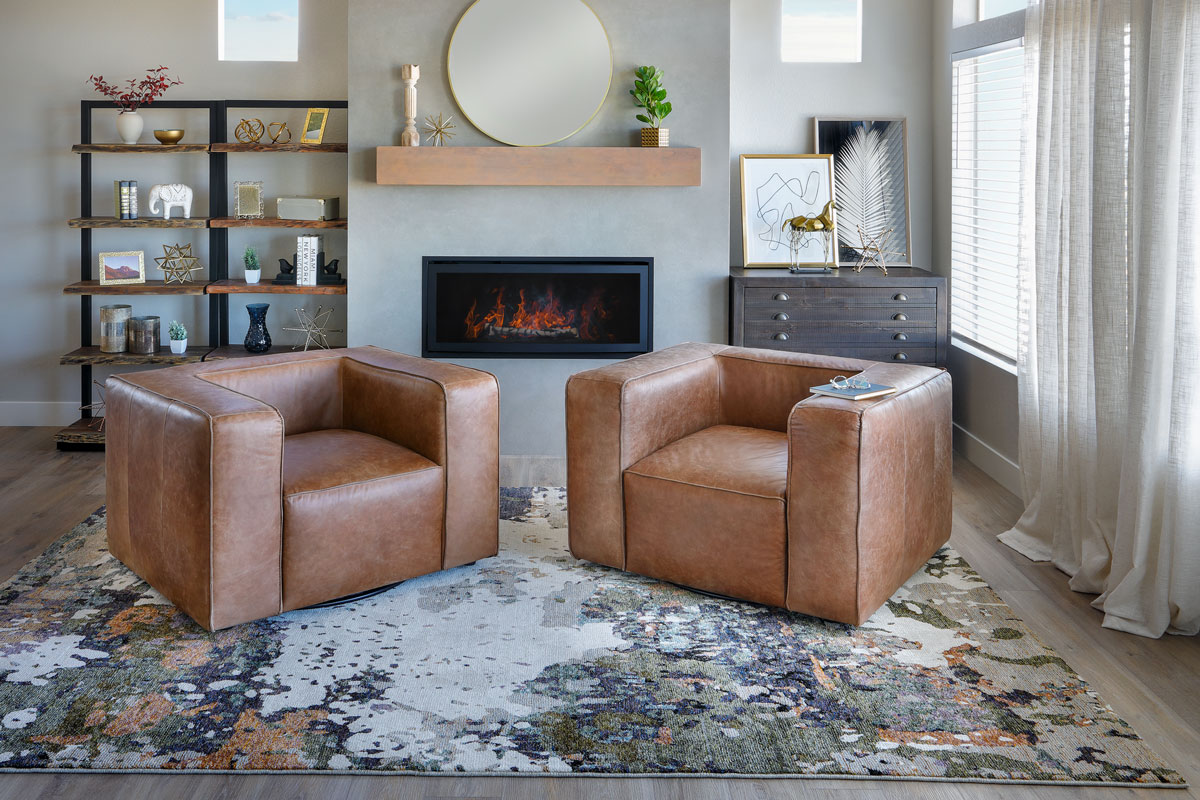 Brown Italian Leather Geometric Chairs with Track arms