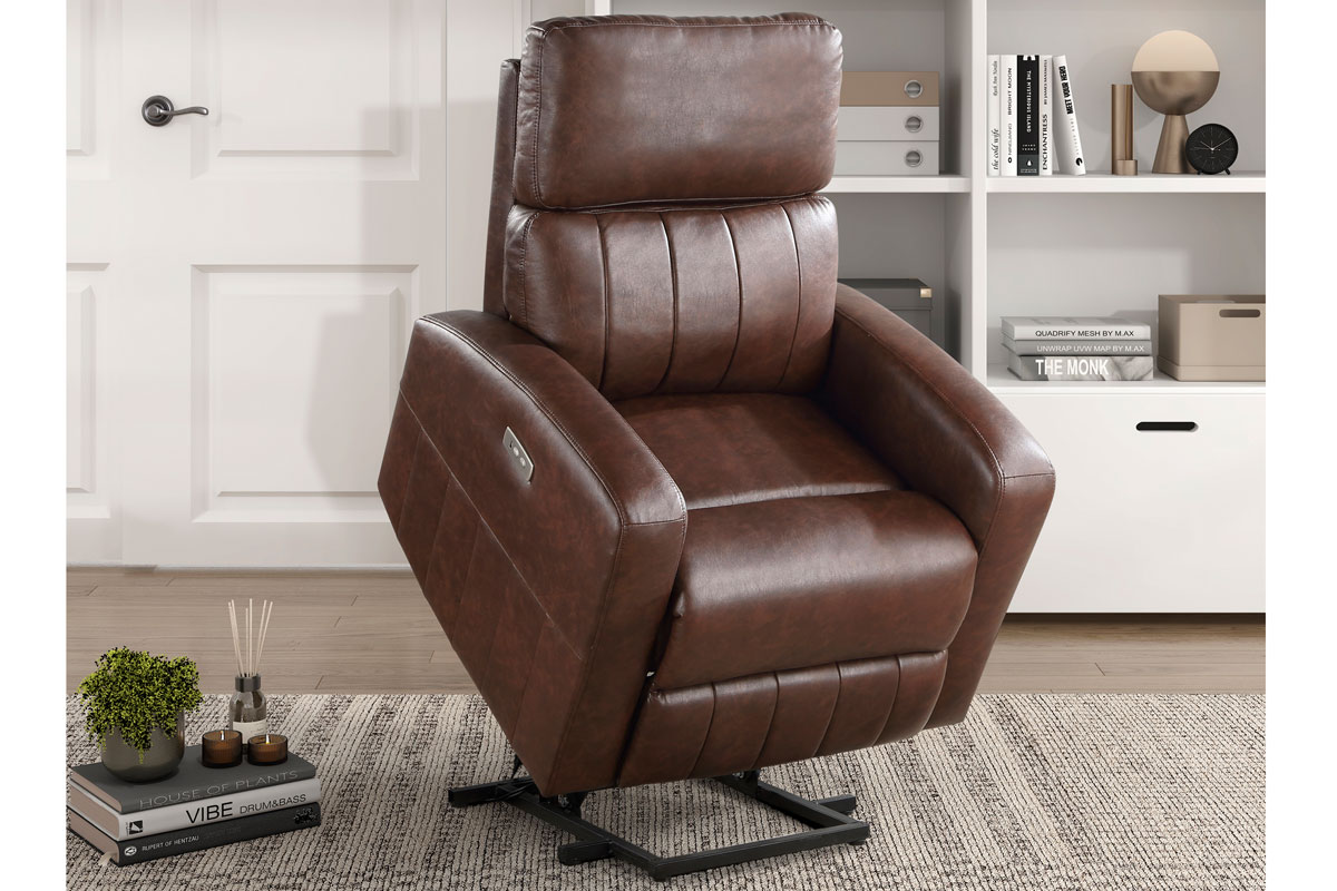 Brown Leather Recliner going up and forward to help someone stand up 