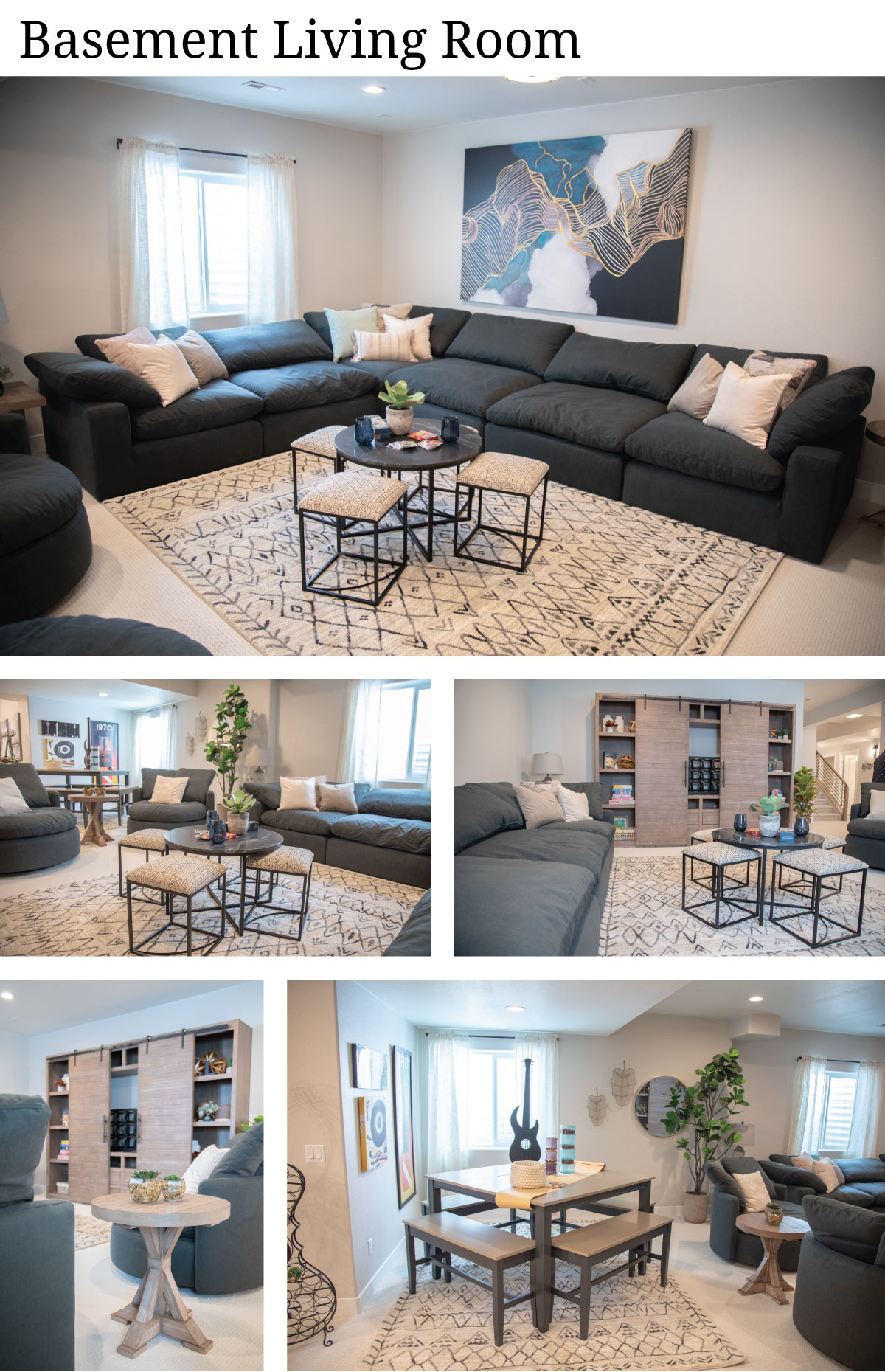 Collage of living room photos with a Large Charcoal Gray Sectional and a light cool-toned wood sliding door entertainment center and small center game table. 