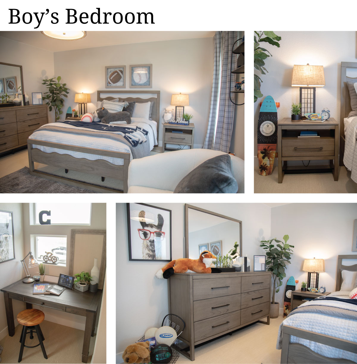 Grey Tone Wooden Bedroom Set with Mountain range cutout headboard decorated as a Boy's Room