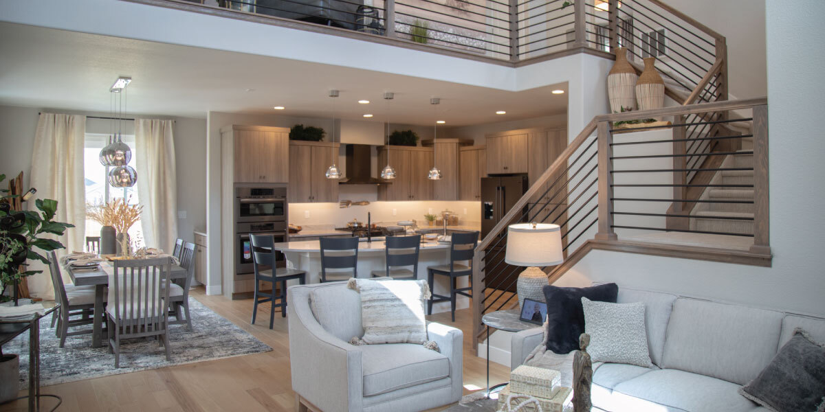 Open Floor plan showing Living Room, Dining Room, and Kitchen