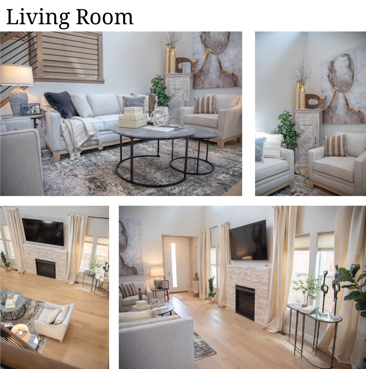 White and cream toned living room with white boucle sofa set that has a wood base