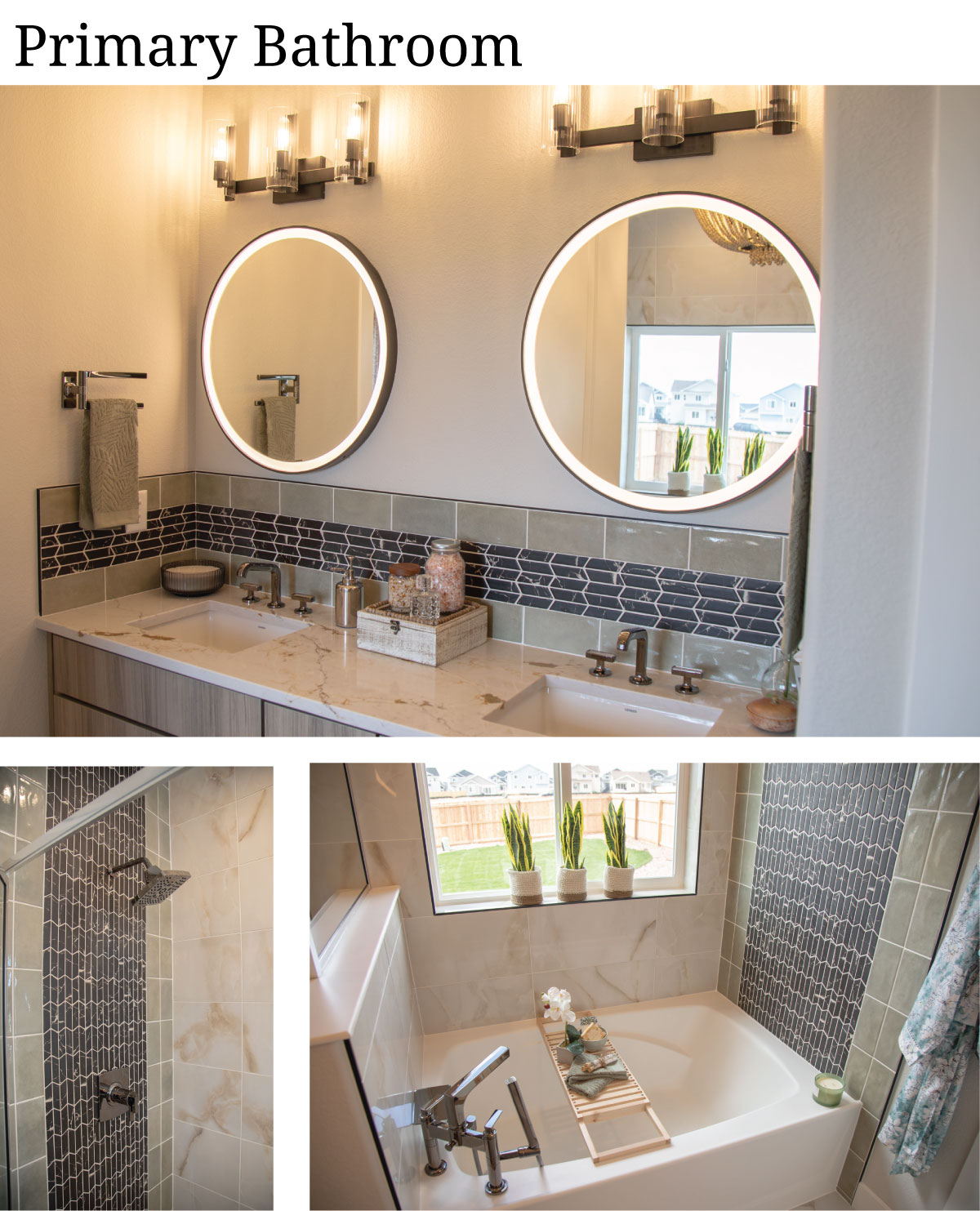 Jack and Jill Vanity sinks, Ring Light Mirrors, Large Bathtub and Shower with Nature inspired tile work