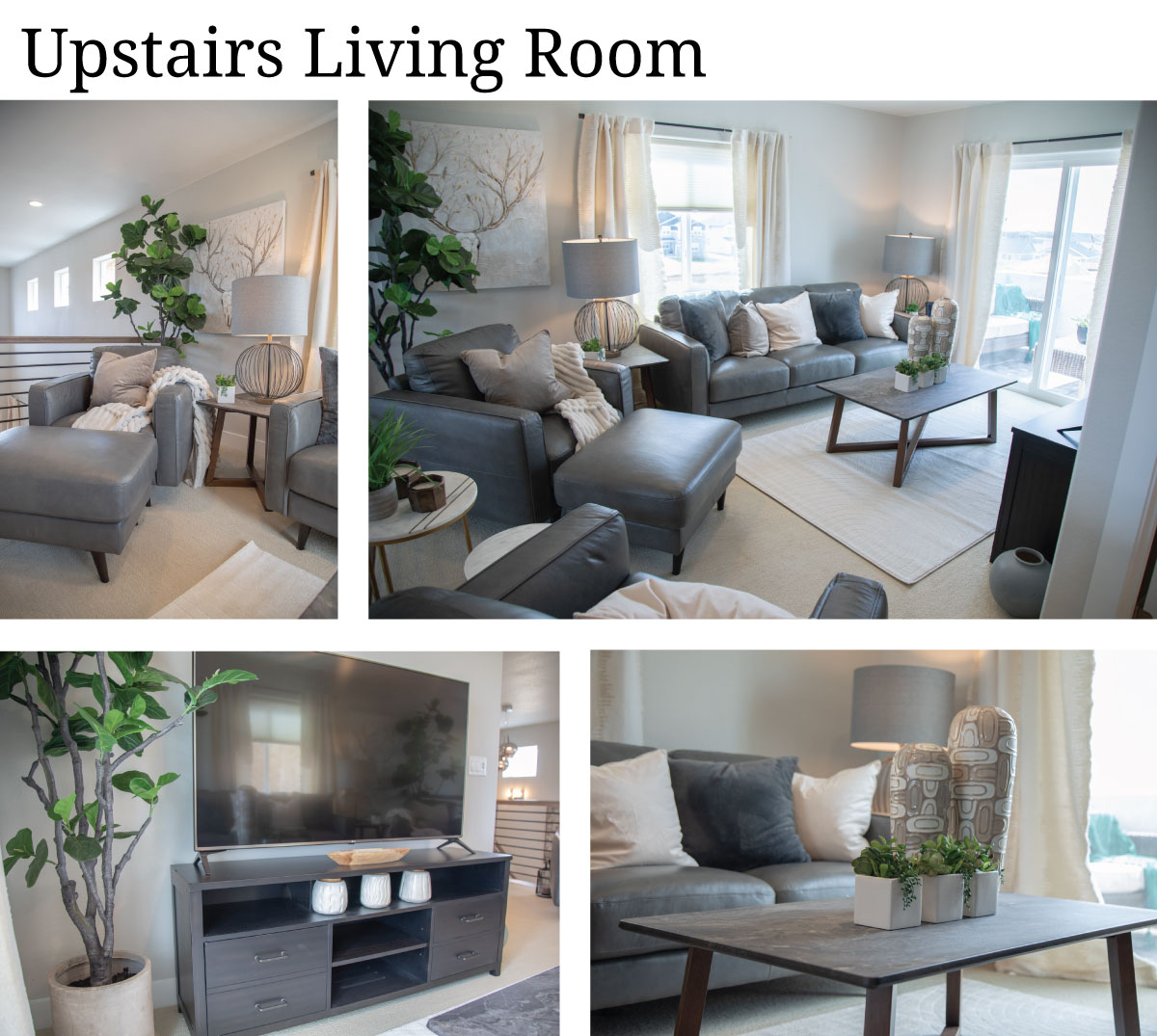 Upstairs Living Living Room. Collage of photos that show grey leather sofa collection, coffee table and side table set