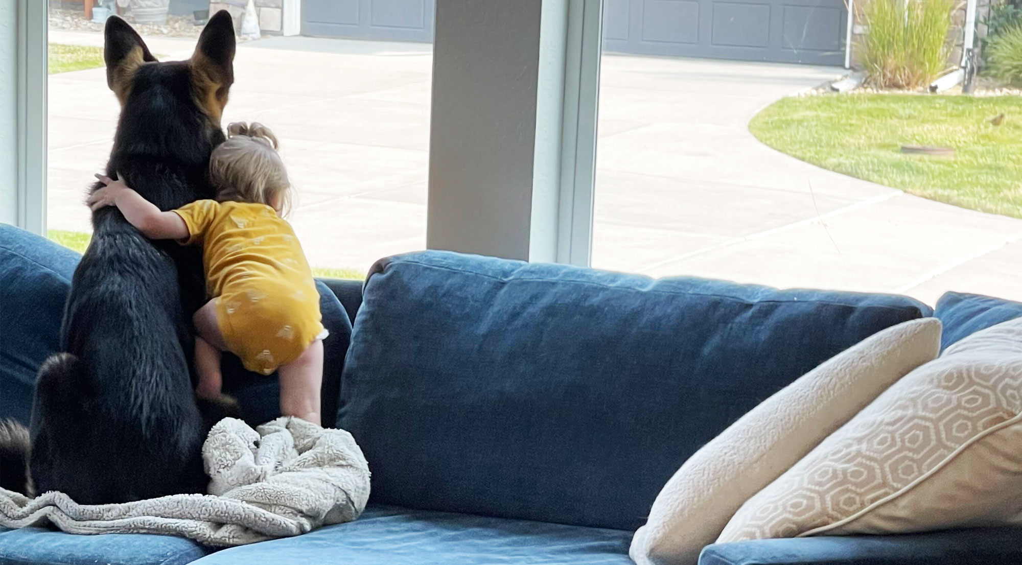 Baby and Dog Hugging on Blue Couch