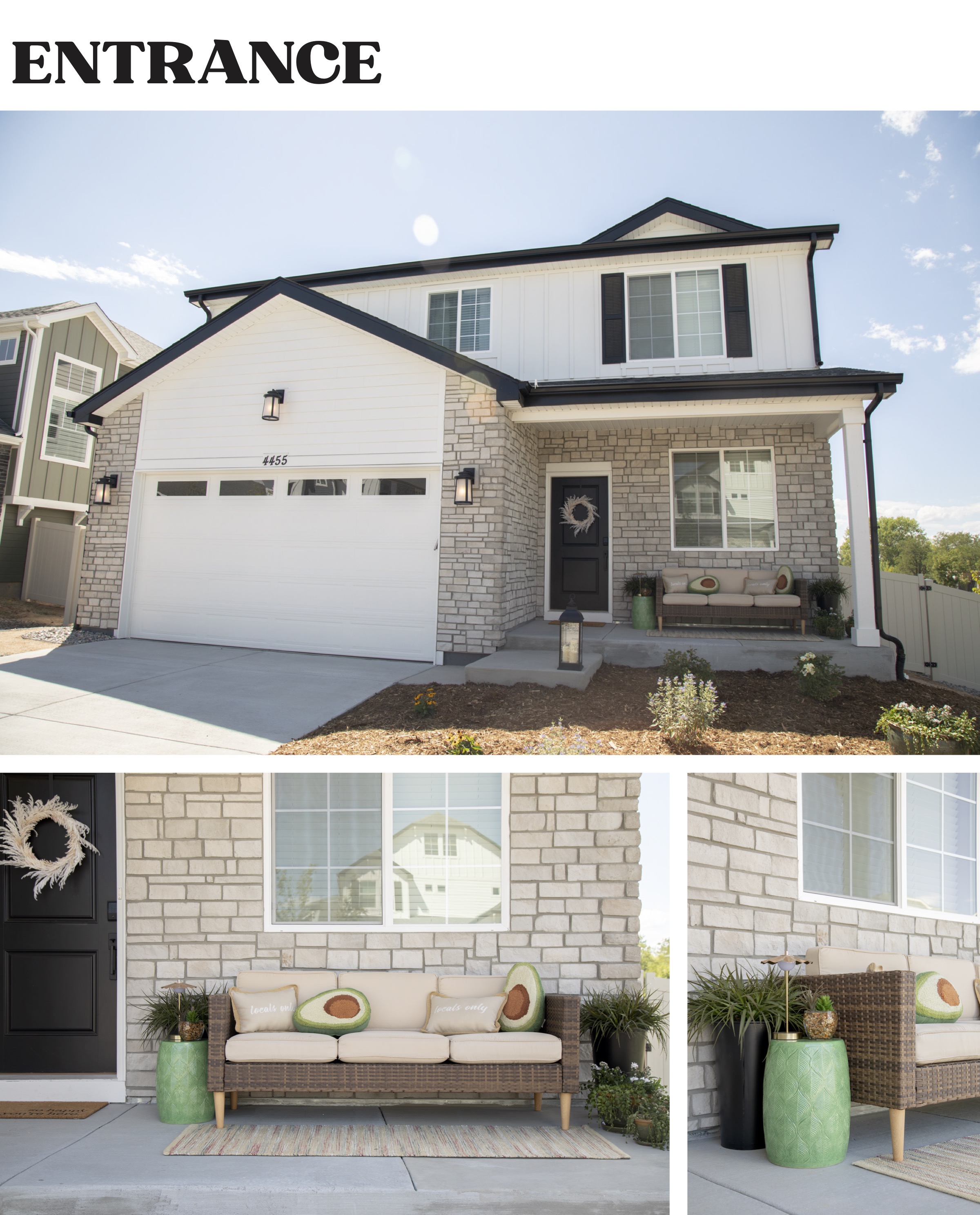 Classic Style home with Black Trim, Stone accents, and painted white. Straw wreath on front door. Outdoor sofa with avocado pillows. 