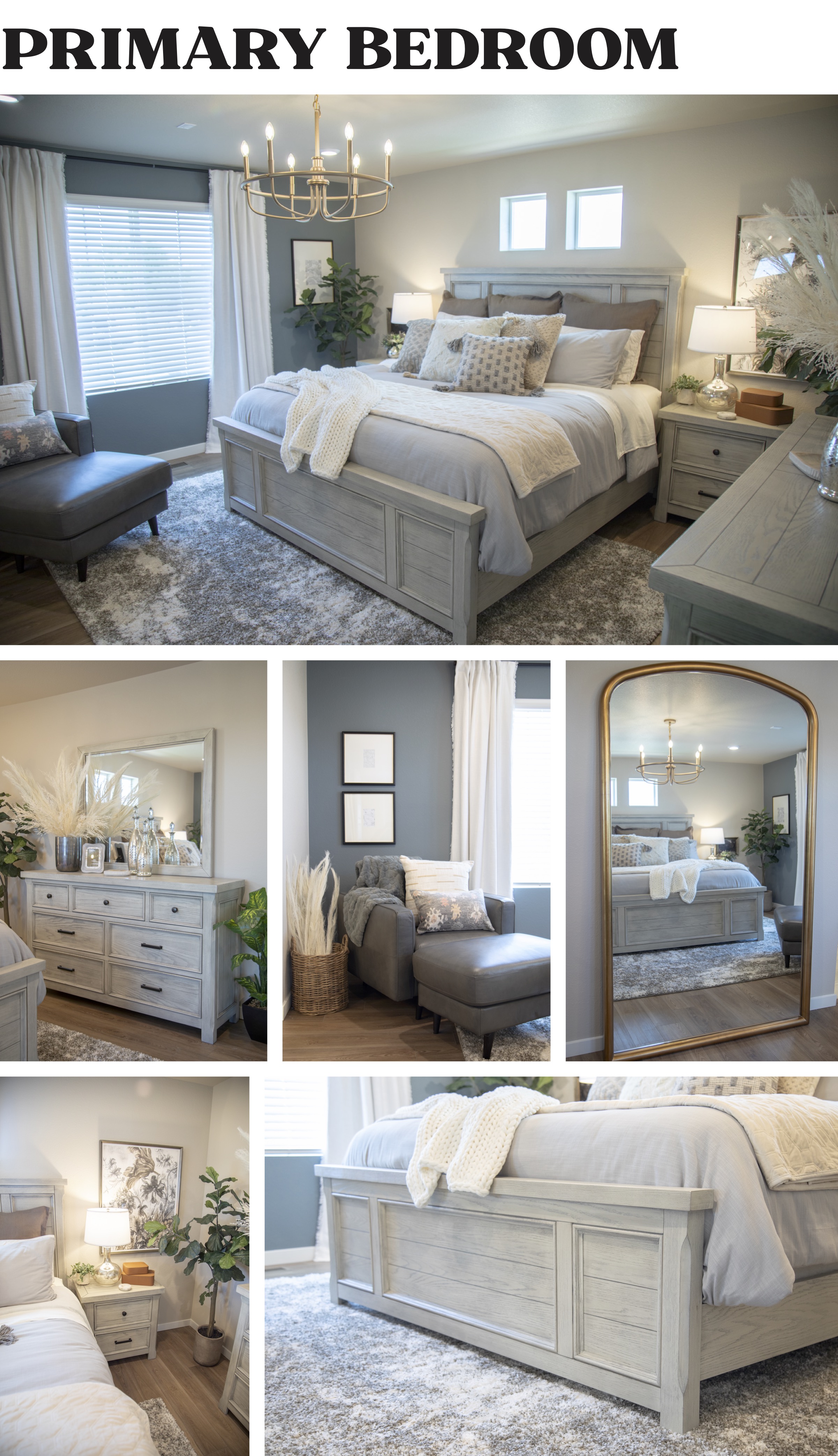 Primary Bedroom Featuring Light Gray Panel Bed. 