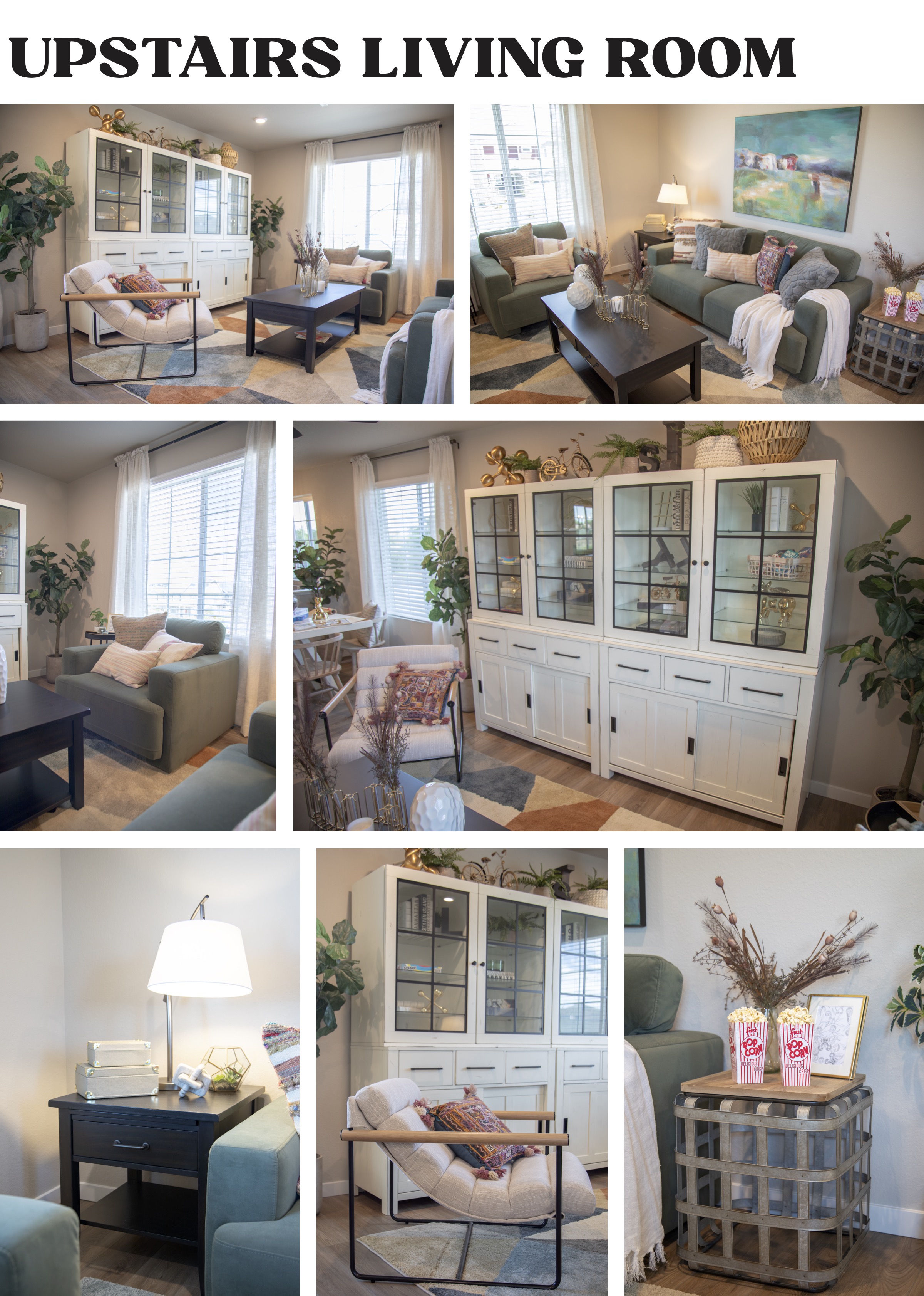 Upstairs Living Room. Modern Set up with large white and glass case entertainment center. 