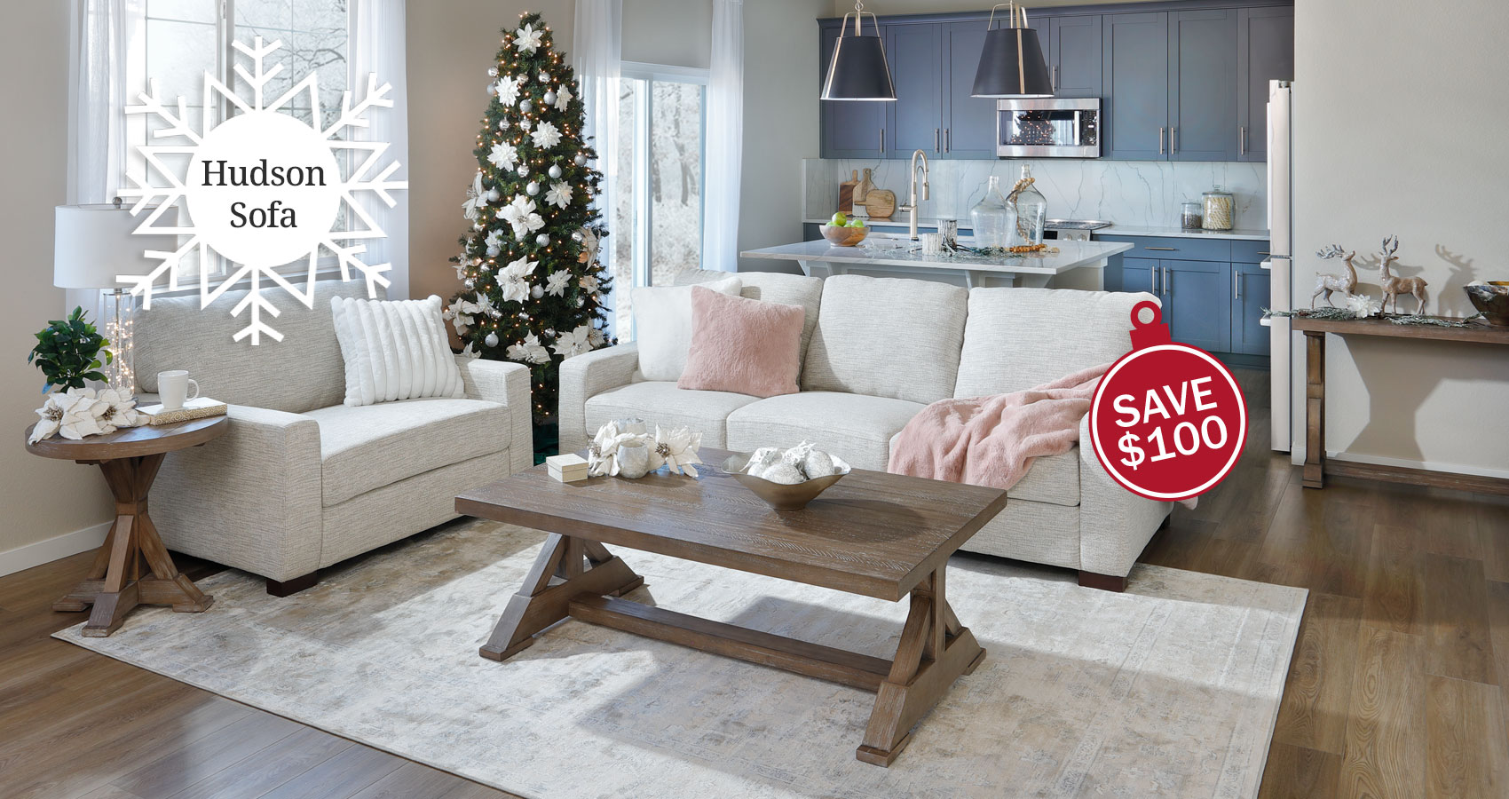 Beige Sofa Set in Living Room Decorated for Christmas. Hudson Sofa. Save $100. 