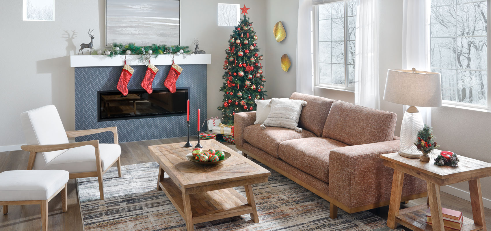 Clay Colored Sofa with Wood Base in Living Room Decorated for Christmas