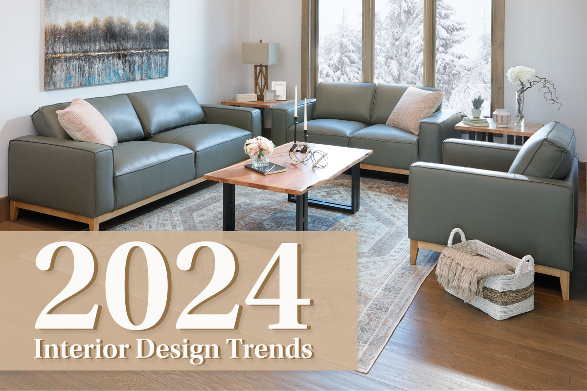 2024 Interior design trend. Featuring Sage Leather track arm sofa with wooden base.
